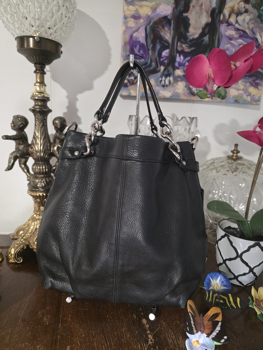 Coach Brook Black Leather Hobo Bag with Chain Accents
